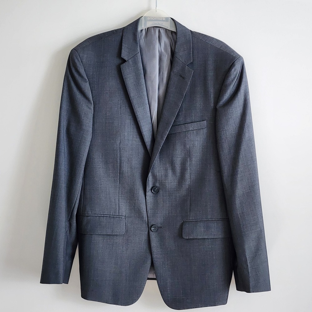 DKNY Suit Jacket Mens 40S Gray Wool Two Button Blazer Professional Office Work
